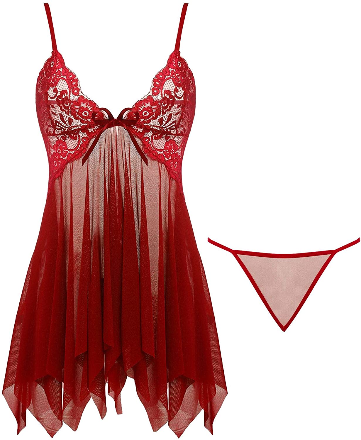 Price:$16.99 Joyaria Women's Sexy Lace Babydoll Sleepwear Mesh Lingerie Chemises Open Front Nighties Set (Wine Red, Small) at Amazon Women’s Clothing store