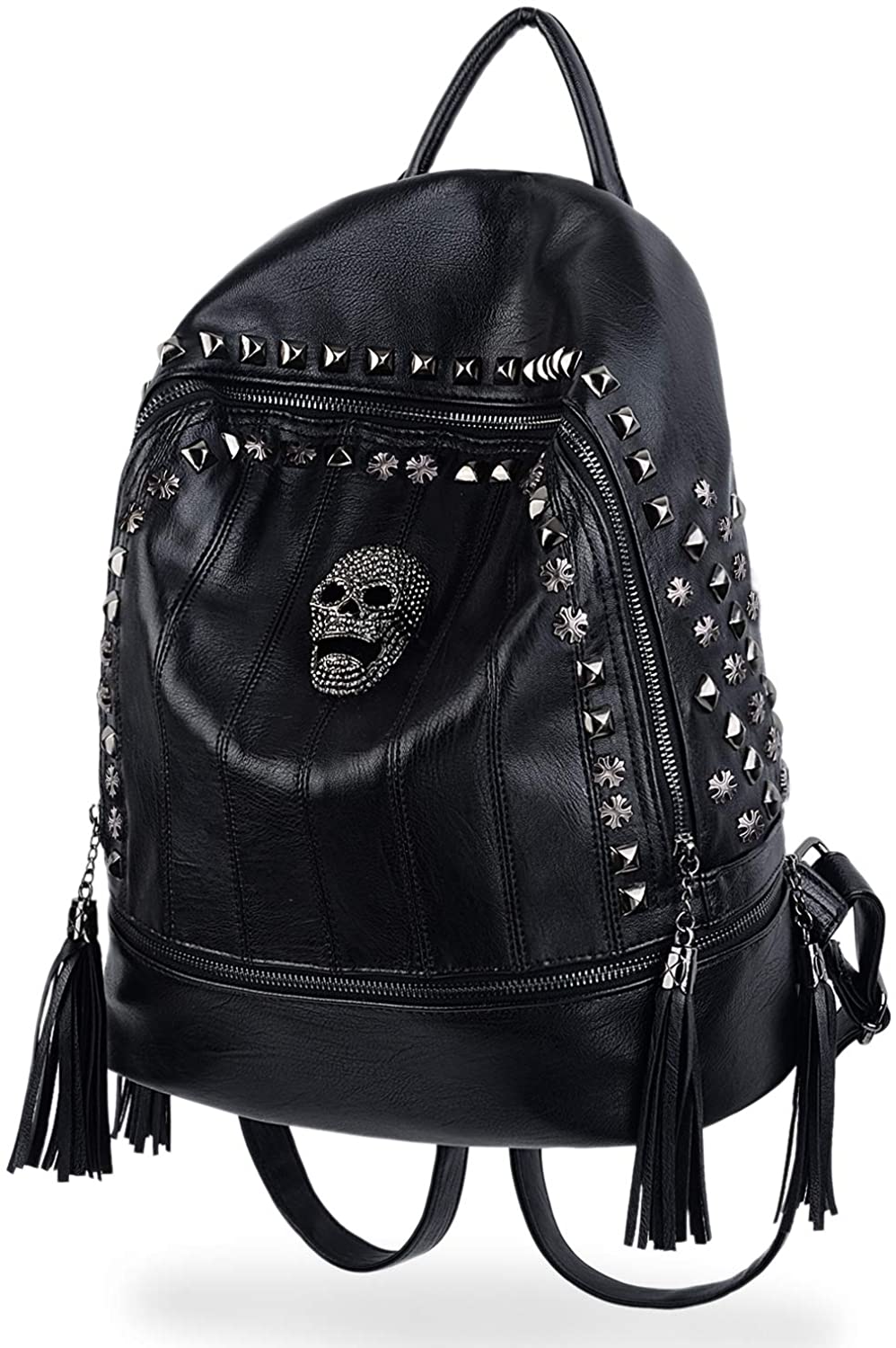 Price:$32.99 UTO Skull Fashion Backpack PU Leather Rucksack Rivet Studded Tassel Zipper Shoulder Purse  Handbags   