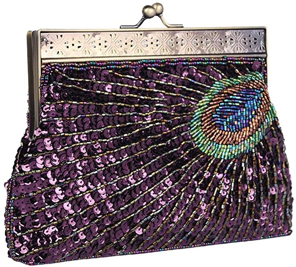 Price:$24.99 Shoulder Bags Womens Prom Party Vintage Evening Clutch Purse Peacock Tail Sequin Handbags Evening Bag Purse (Purple)  Handbags   