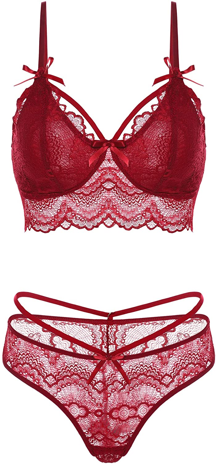Price:$15.99 klier Sexy Lingerie for Women Lace Babydoll Bodysuit 2 Piece Sexy Bra and Panty Sets Wine Red at Amazon Women’s Clothing store