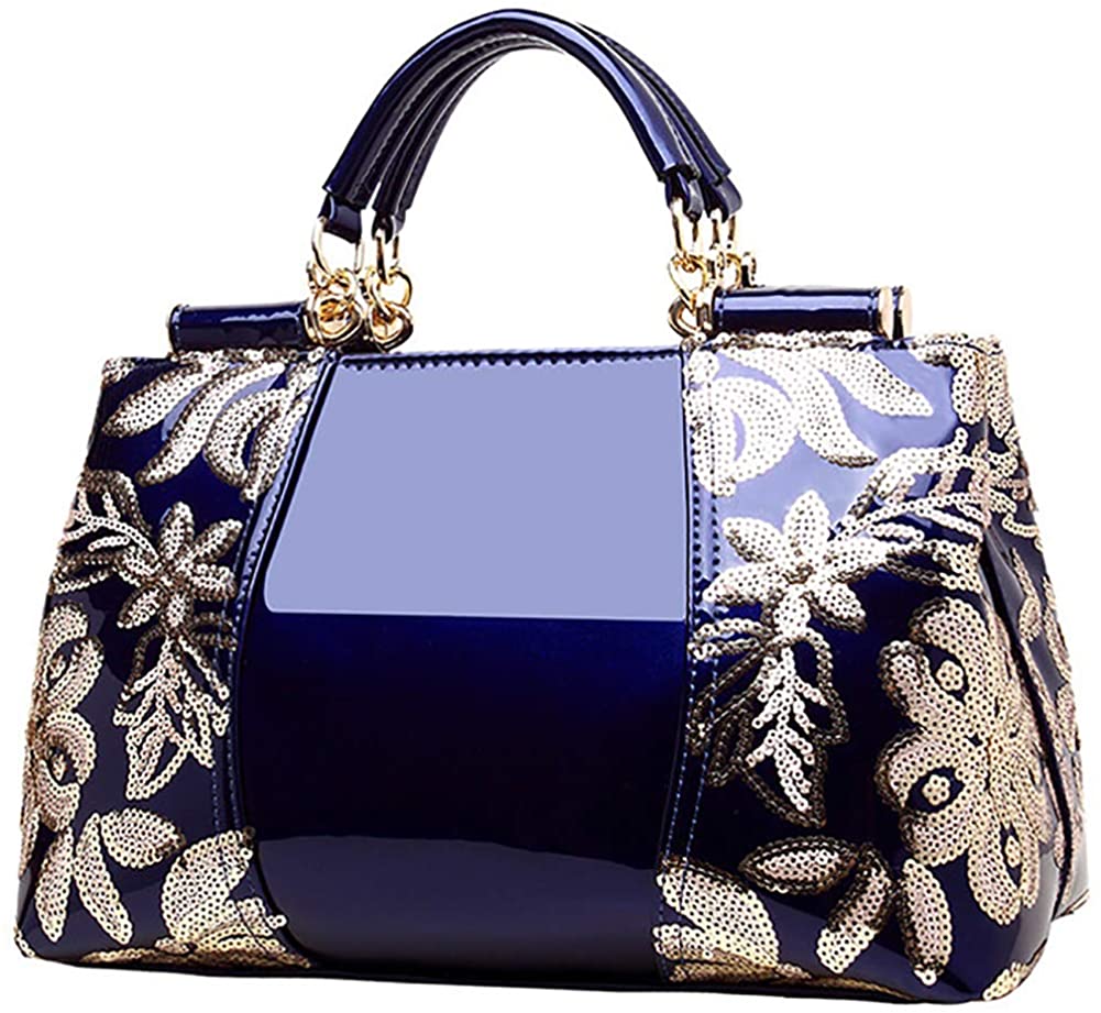 Price:$29.99    Hycurey Women Handbag Purse Crossbody Shoulder Bag Faux Patent Leather Top Handle Handbags Evening Party Satchel Blue  Clothing
