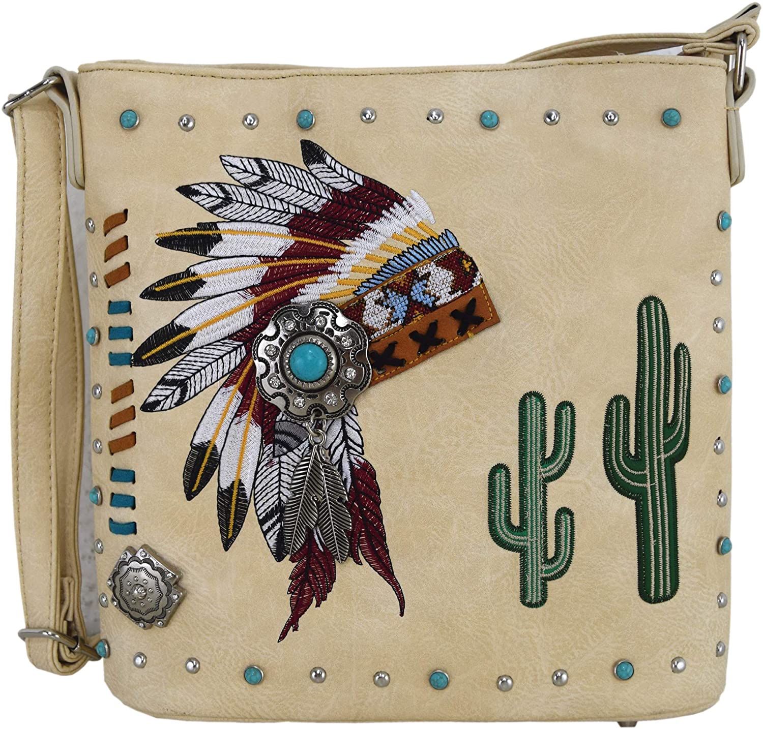 Price:$32.95 Native Tribal American Chieftain Headdress Feather Purse Cross Body Handbags Women Single Shoulder Bag (Beige)  Handbags   