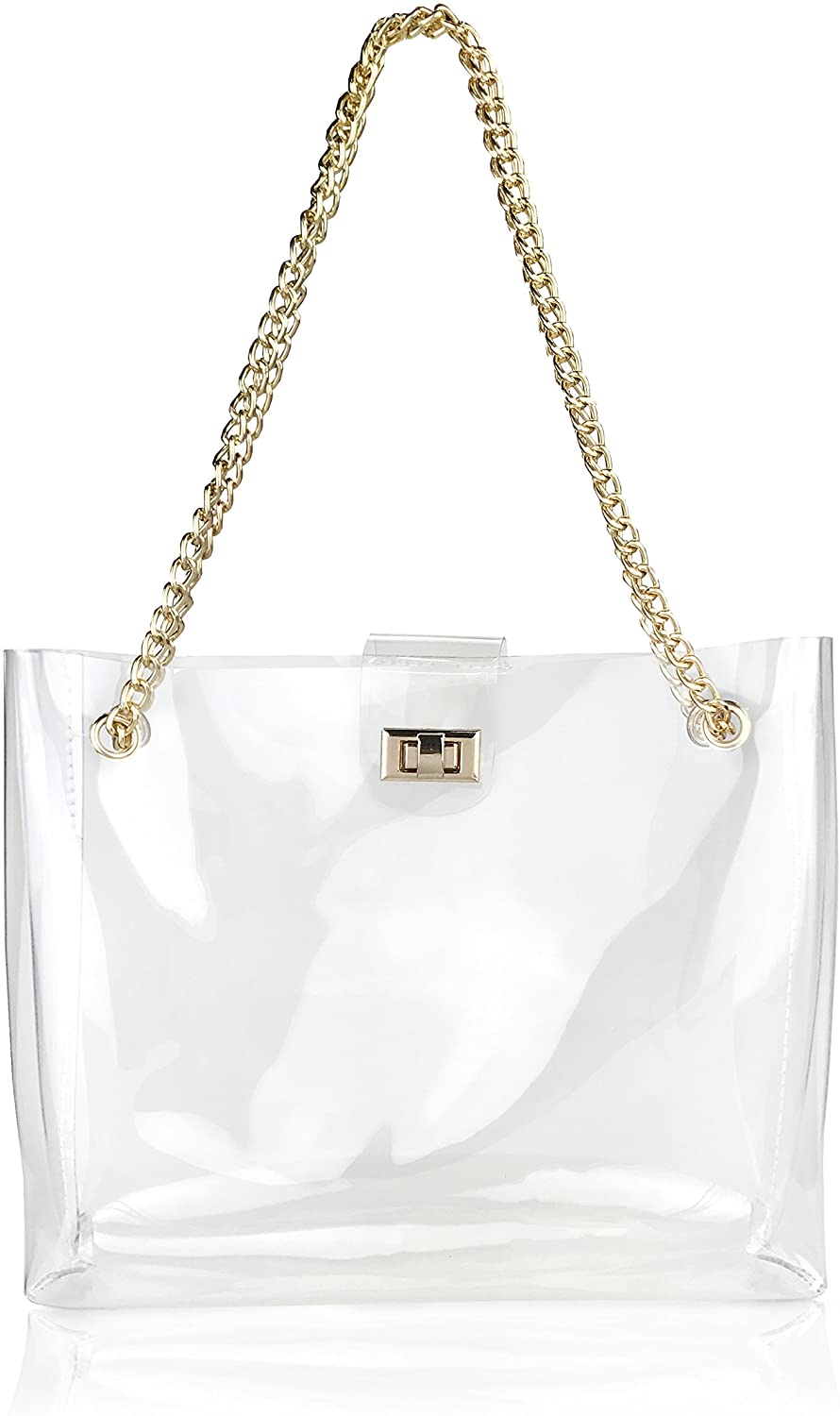 Price:$18.90    Multifunction Clear Chain Tote with Turn Lock Womens Shoulder Handbag (Clear)  Clothing
