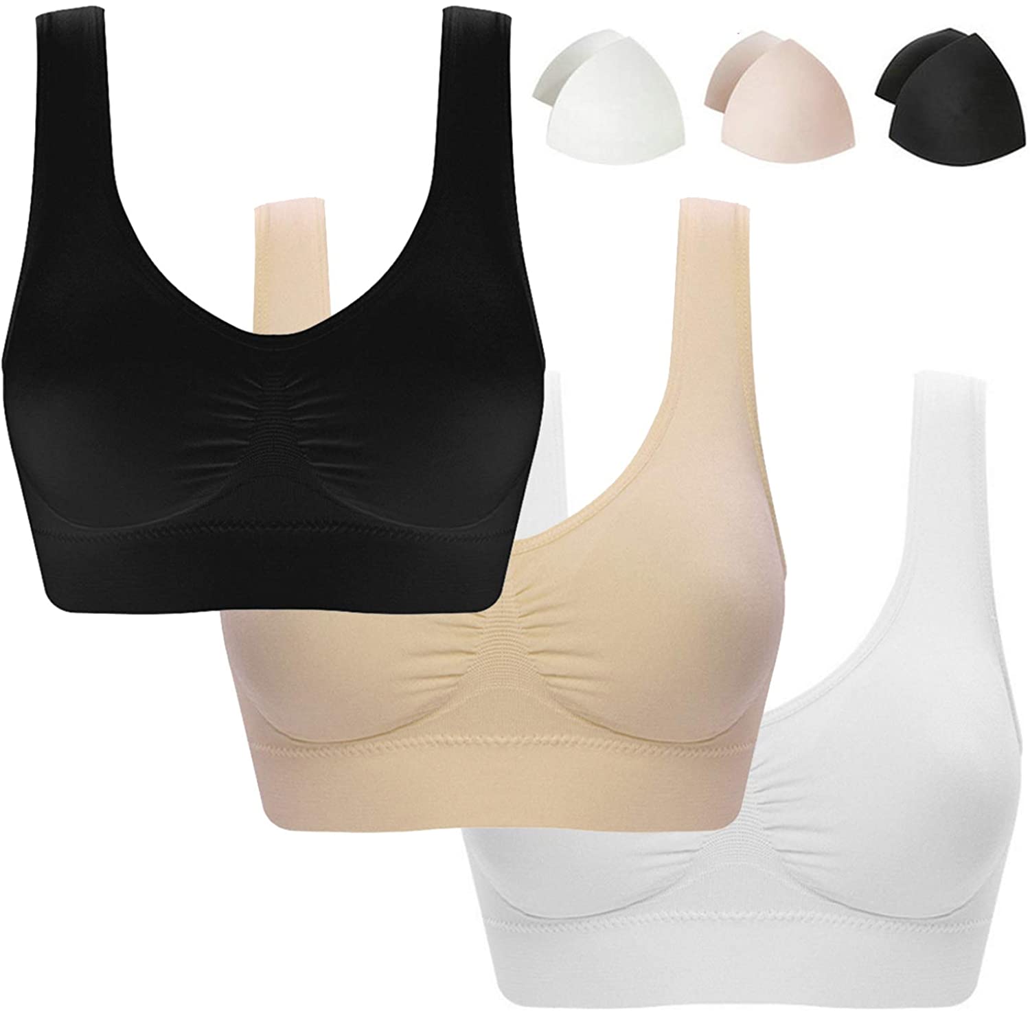 Price:$9.28 3-Pack Women's Seamless Wireless Sports Bra Genie Sleep Bra with Removable Pads at Amazon Women’s Clothing store