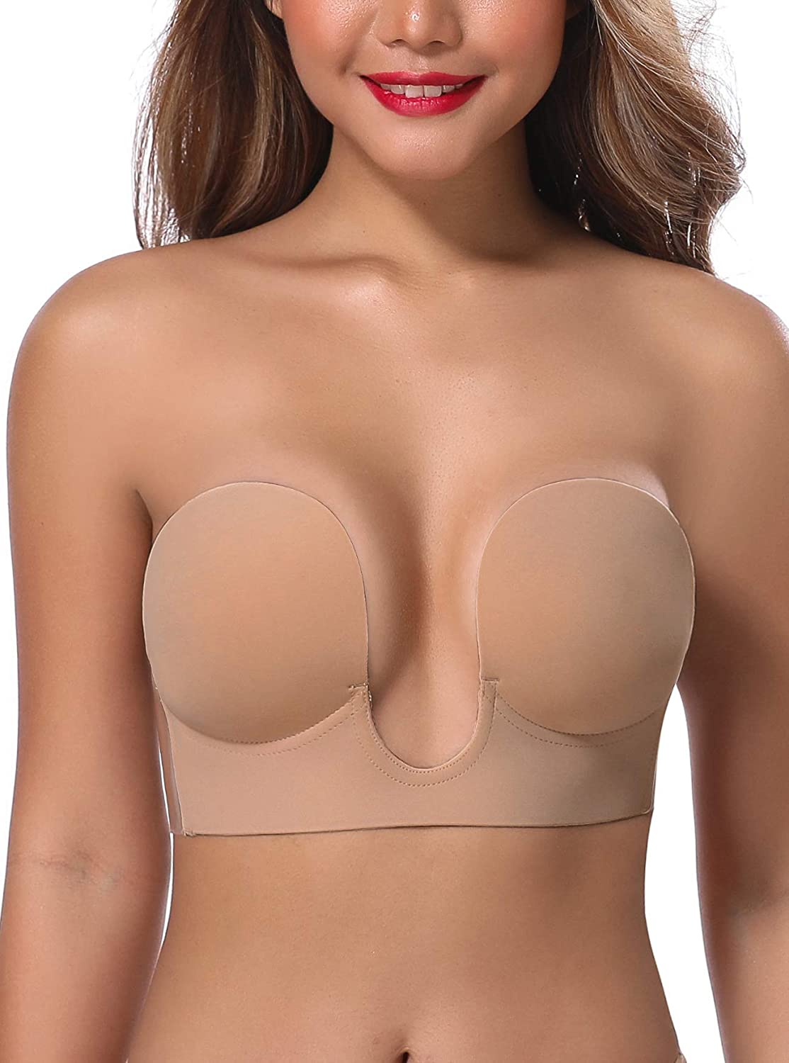 Price:$15.99 JOATEAY Women's Deep Plunge Strapless Backless Sticky Underwire Push Up Adhesive Bra at Amazon Women’s Clothing store