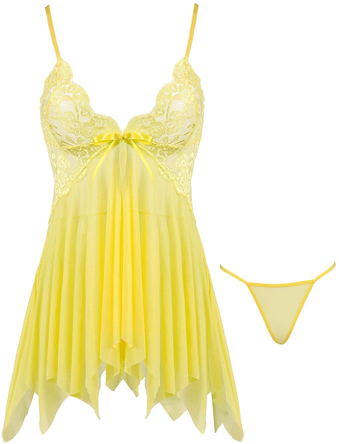 Price:$16.99 Joyaria Women's Sexy Sheer Lingerie Set Lace Babydoll Outfits Mesh Nighties (Yellow, Large) at Amazon Women’s Clothing store