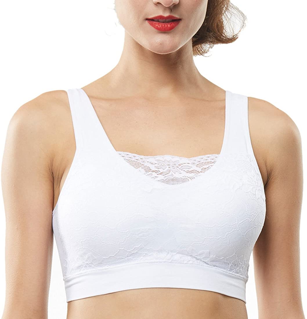 Price:$16.99 Belugue Women's Seamless Lace Overlay Bralette Wire-Free Sports Bra at Amazon Women’s Clothing store