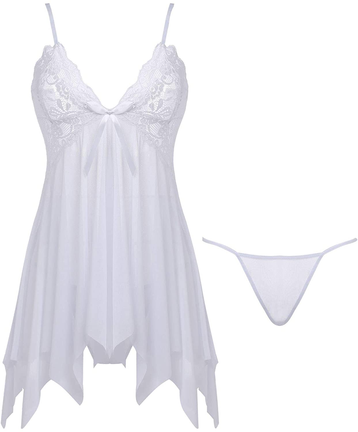 Price:$16.99 Joyaria Women's Sexy Lace Lingerie Set Sheer Babydoll Mesh Nighties Outfits (White, Large) at Amazon Women’s Clothing store