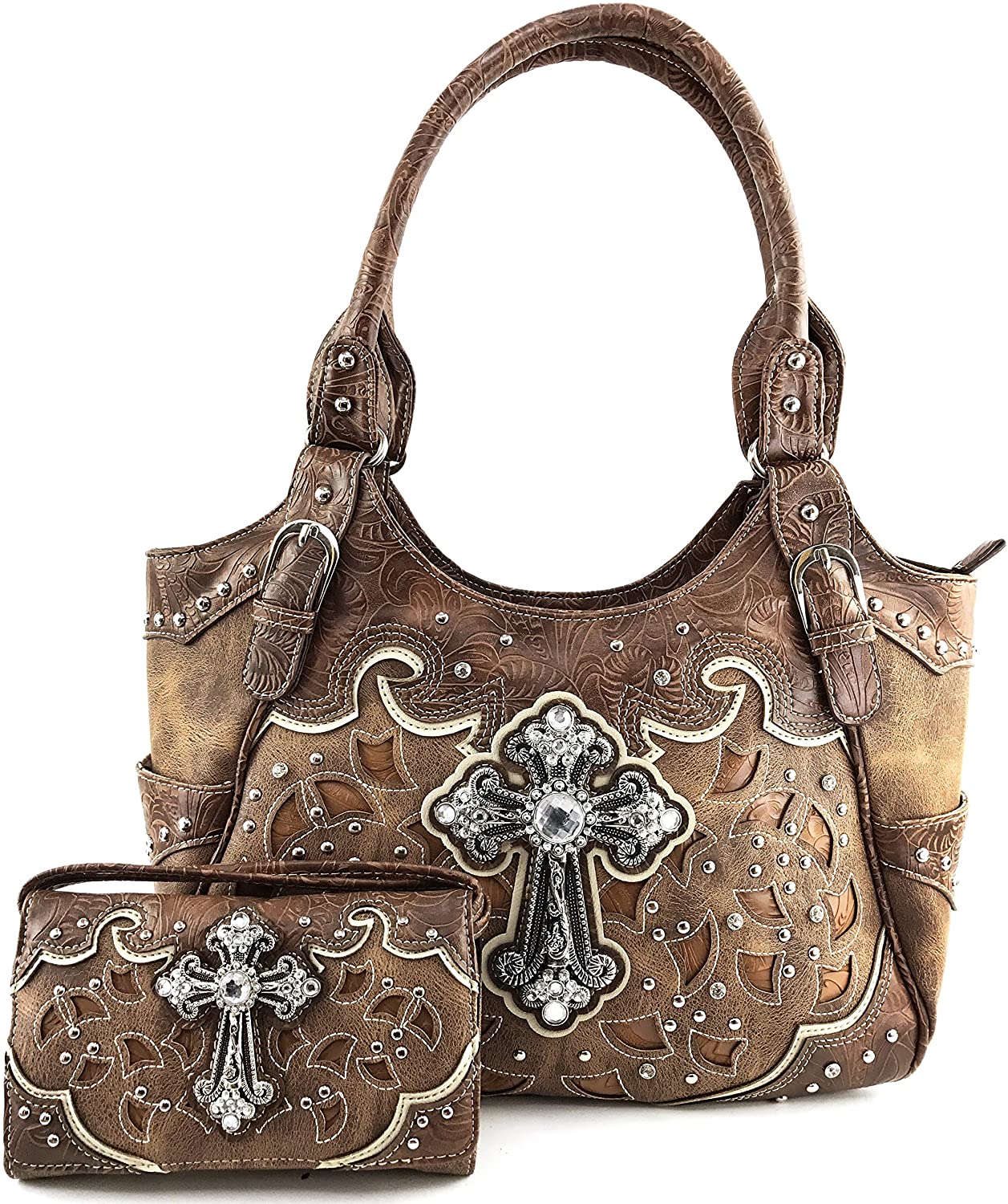 Price:$64.81    Justin West Tooled Leather Laser Cut Rhinestone Cross Studded Shoulder Concealed Carry Tote Style Handbag Purse (Brown Handbag and Wallet)  Clothing
