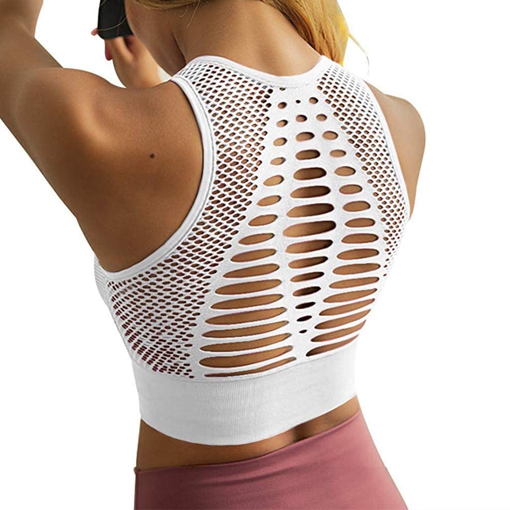 Price:$16.99 Women Seamless Sports Bra Hollow Sleeveless Tank Top Removable Padded Workout Yoga Top at Amazon Women’s Clothing store