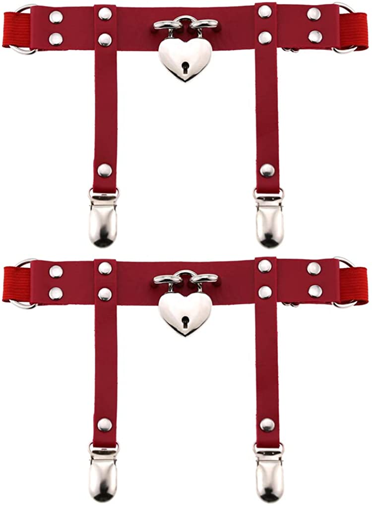 Price:$17.99    Women Girl Openable Heart Lock Leather Garters Punk Rock Rivet Leg Elastic Garter Suspender 2pcs, Red, One Size  Clothing