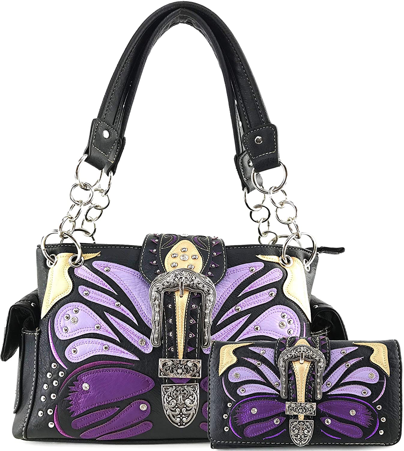 Price:$62.89 Zelris Buckle Abstract Butterfly Artwork Women Conceal Carry Handbag Wallet Set (Purple)  Handbags   