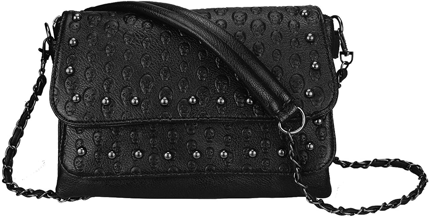 Price:$19.99 Women Classic Skull Rivet Purse Functional Multi Pockets Black Crossbody Bag Multi Layers Shoulder bag-Sibalasi(A)  Handbags   