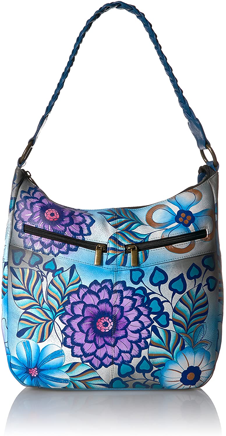 Price:$215.95    Anna by Anuschka Women's Genuine Leather Medium Shoulder Hobo | Zip-Top Organizer with Side-Zip Pockets | Summer Bloom Blue  Clothing
