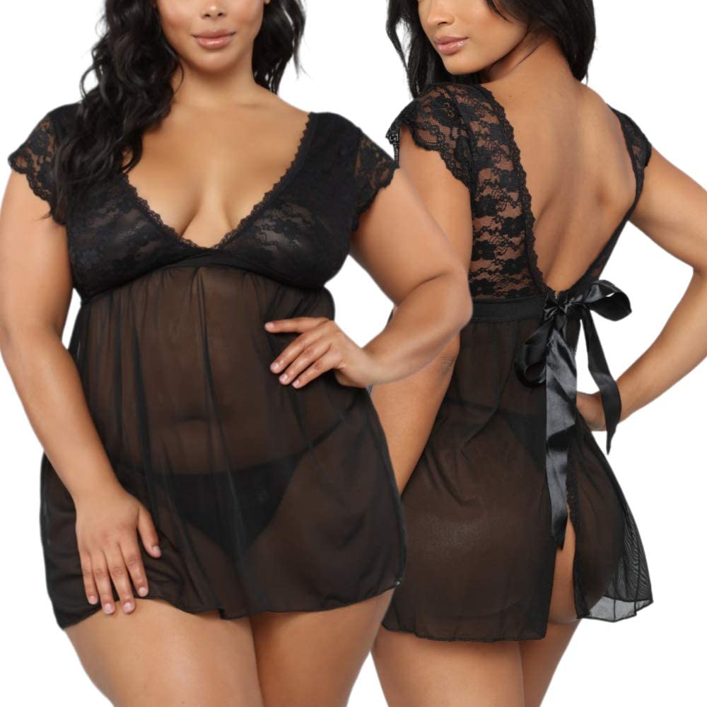Price:$16.88 Plus Size Babydoll for Women Open Back Bow Tied Lingerie Set Lace High Waist Sexy Chemise Sleepwear Nightgown (4XL, Black, 661e) at Amazon Women’s Clothing store