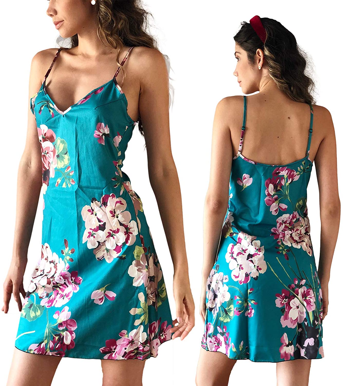 Price:$14.99    Satin Sleepwear Sexy Nightgown Chemise Full Slip Silk Negligee Floral Nightie Nightdress Bridal Lingerie for Women(Small, Green)  Clothing