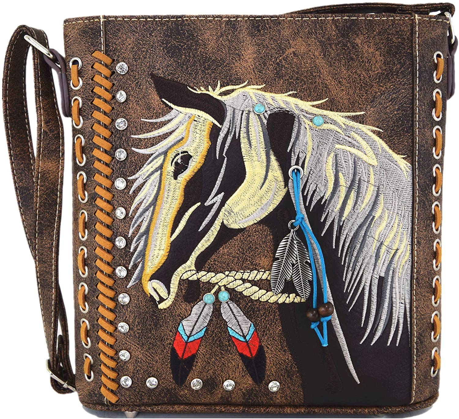 Price:$32.95 Western Cowgirl Style Horse Cross Body Handbags Concealed Carry Purses Country Women Single Shoulder Bag (#2 Brown)  Handbags   