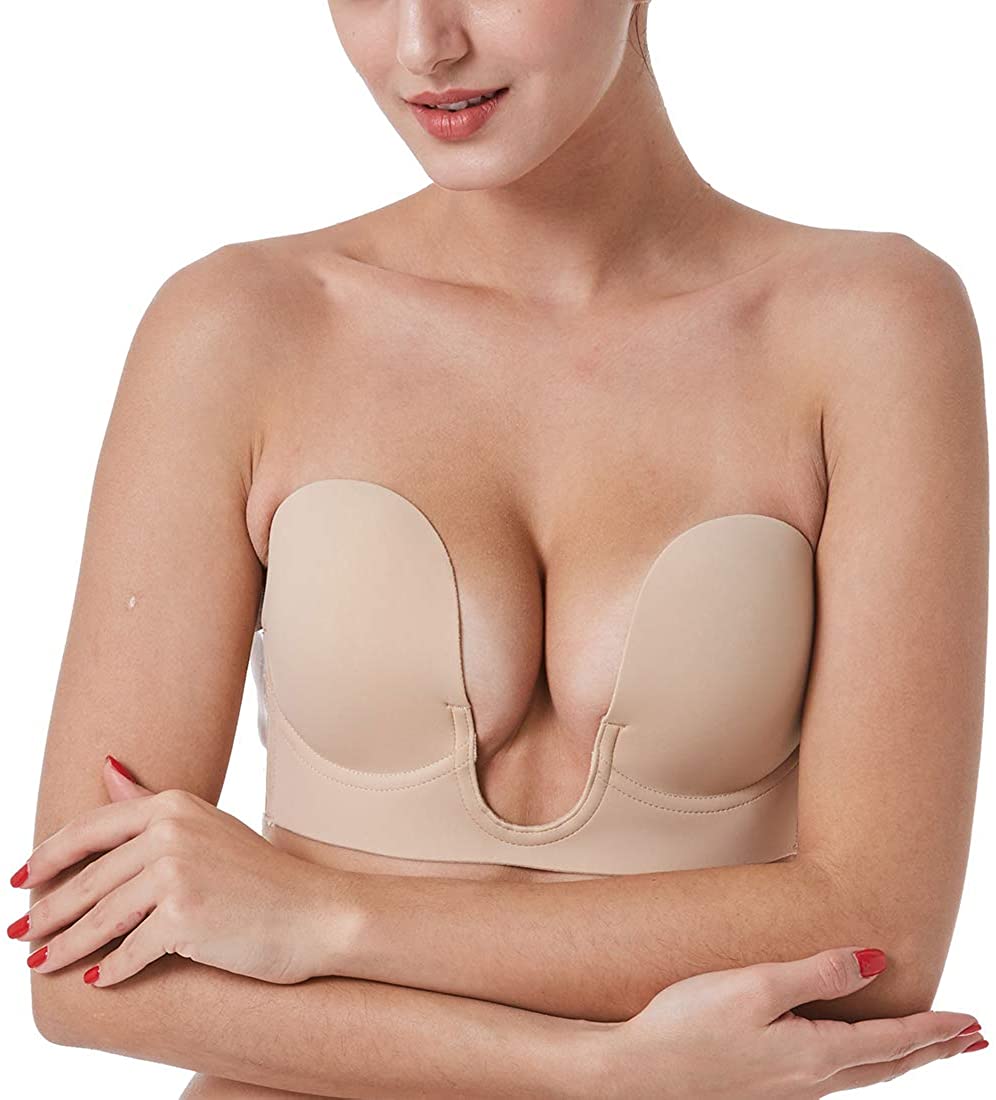 Price:$15.99 MTH Strapless Backless Bra Self Adhesive Bra Sticky Bra U Plunge Invisible Push up Bra (D) Beige at Amazon Women’s Clothing store