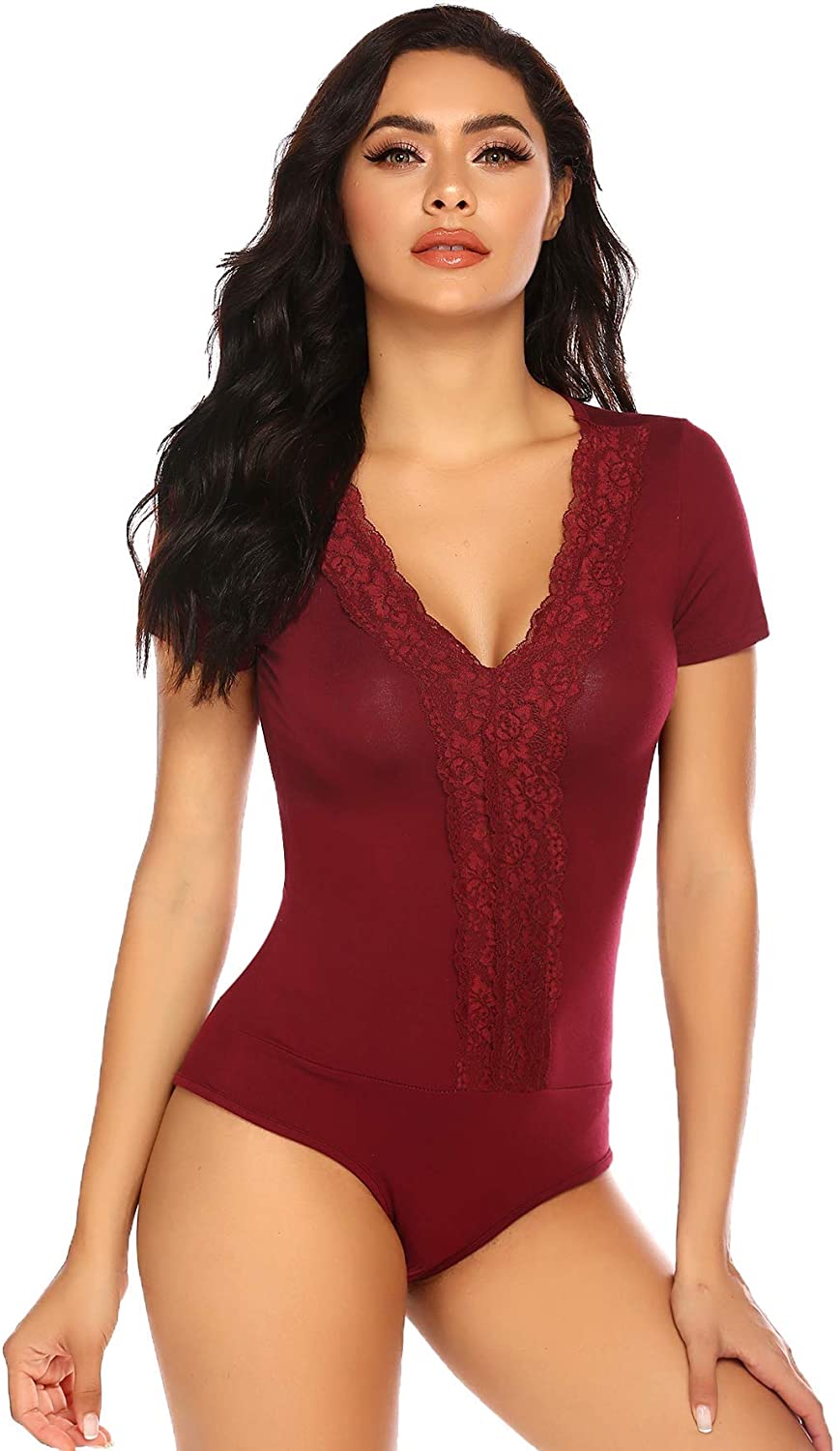 Price:$17.99 Mofavor Women's Sexy Lace Deep V Neck Short Sleeve T Shirts Basic Bodysuits at Amazon Women’s Clothing store