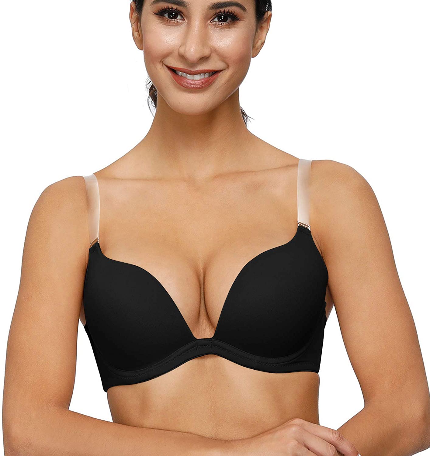 Price:$20.69 Vogue's Secret Women's Convertible Push Up Bra Low Back Plunge Bras Multiway Deep V Backless with Clear Straps at Amazon Women’s Clothing store