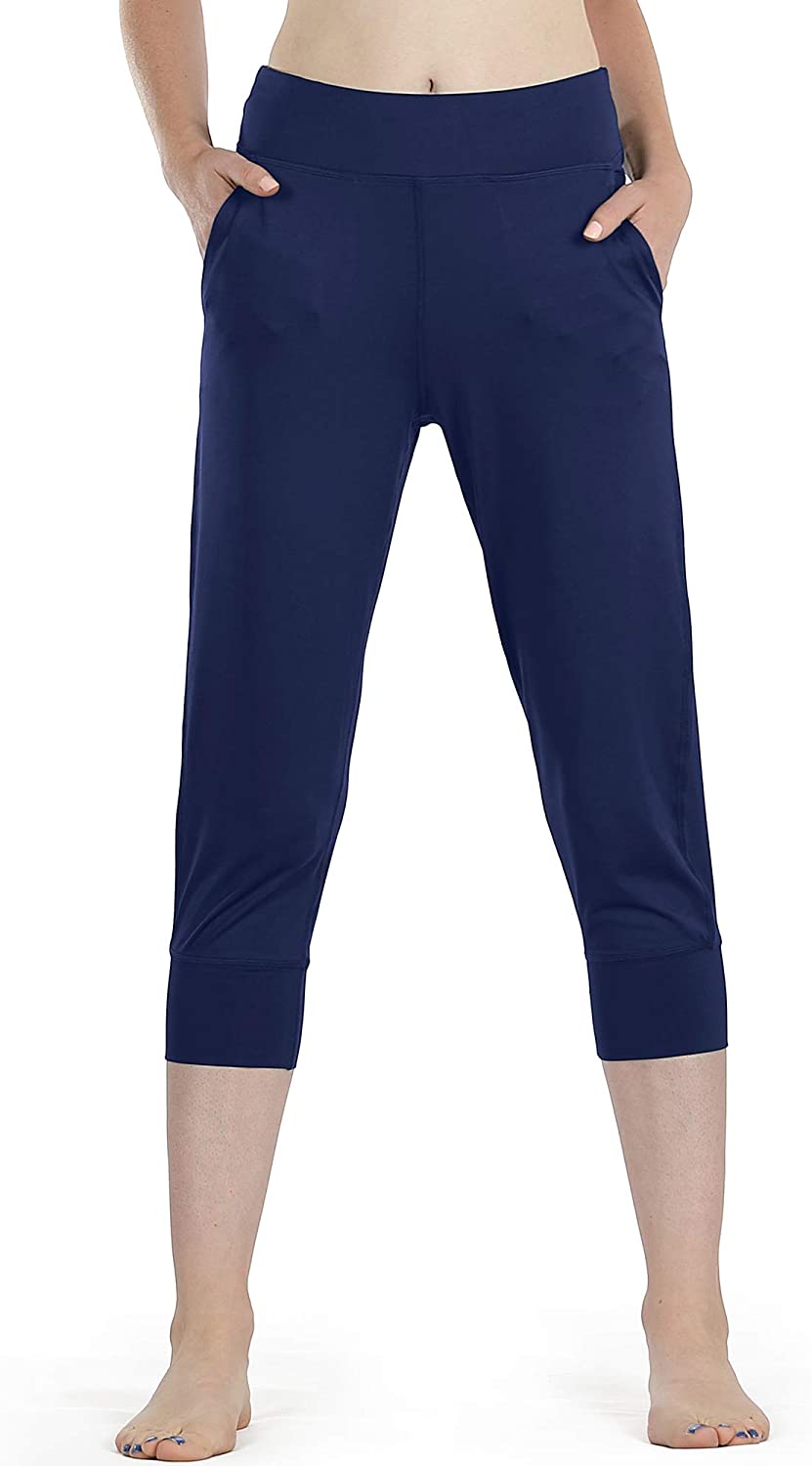 Price:$17.95    icyzone Workout Joggers Pants for Women - Athletic Exercise Capris Yoga Running Leggings with Pockets (S, Navy)  Clothing