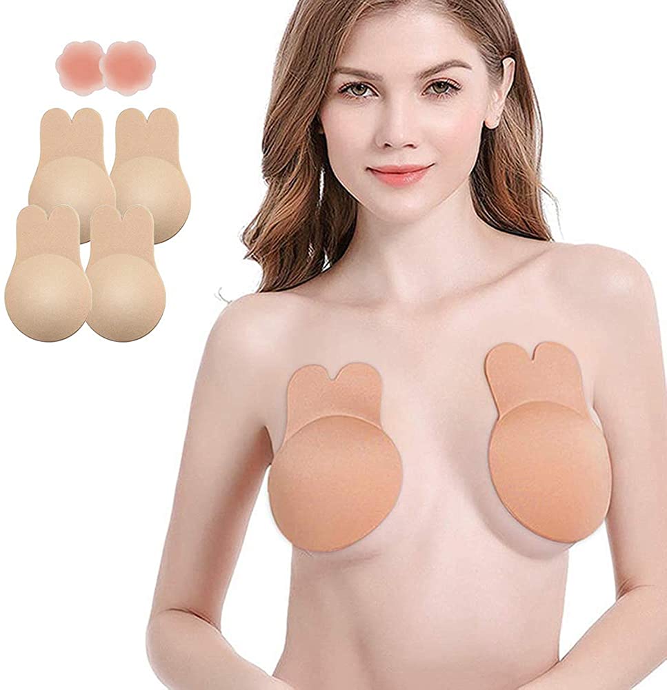 Price:$8.99 Adhesive Bra, Breast Lift Tape Reusable Breast Pasties Nippleless Covers, Lift Up Tape Rabbit Ear Push Up Bra (2 Pairs) at Amazon Women’s Clothing store
