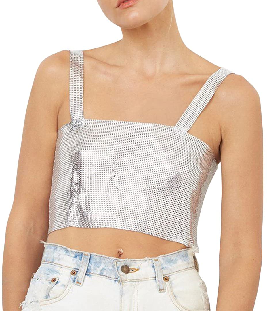 Price:$14.99 Liliam Women Sexy Metallic Body Chain Beach Clubwear Spaghetti Halter Backless Camisole Tank Crop Tops Vest for Party Casual(Silver) at Amazon Women’s Clothing store