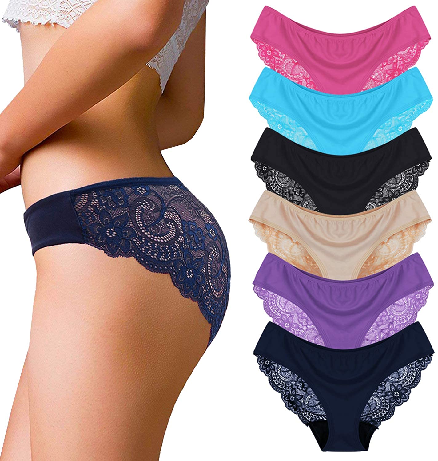 Price:$14.51 6 Pack Womens Underwear Lace Bikini Panties Seamless Comfy Half Back Coverage Panties at Amazon Women’s Clothing store