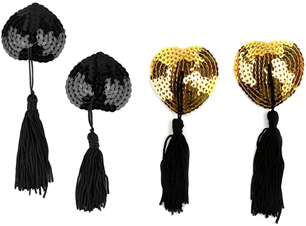 Price:$9.97 Senchanting Reusable Silicone Sequin Adhesive Nipple Cover Pasties Bra with Tassel-2 Pair(Black+Gold) at Amazon Women’s Clothing store
