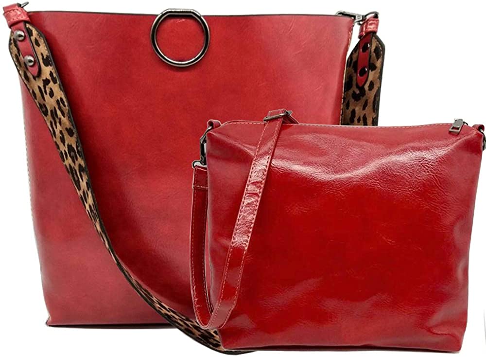 Price:$20.99 Segater Women Leopard Print Bag Reversible Leather Tote Bag Oversized Top Handle Large Shoulder Handbag Purse 2 Pcs Red  Handbags   