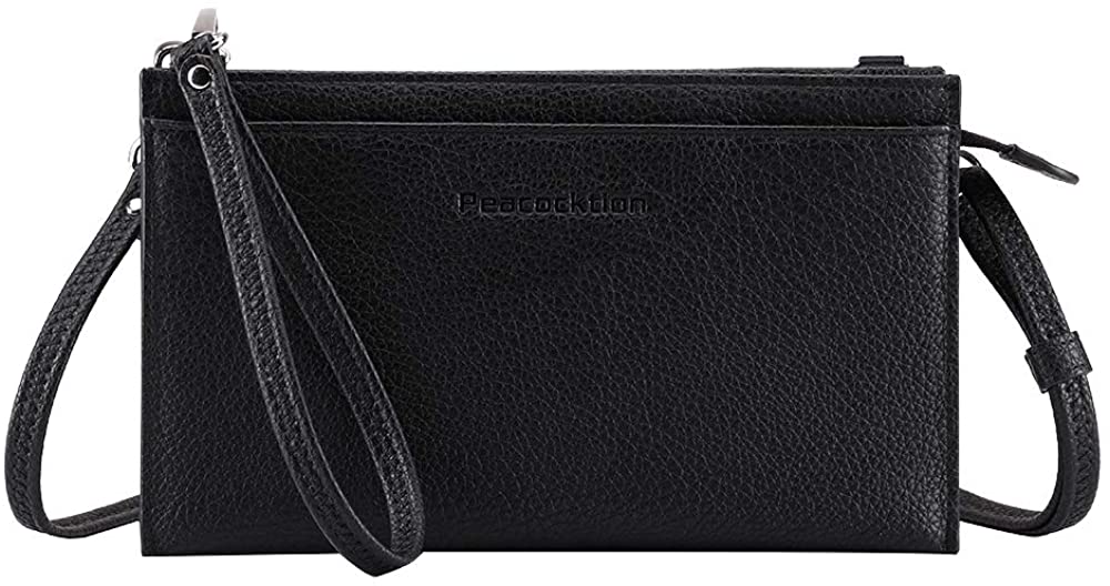 Price:$23.99 Peacocktion Small Crossbody Bags for women, Wristlet Clutch Cell Phone Wallet Purse PU Leather Shoulder Bag with 2 Straps (Black)  Handbags   