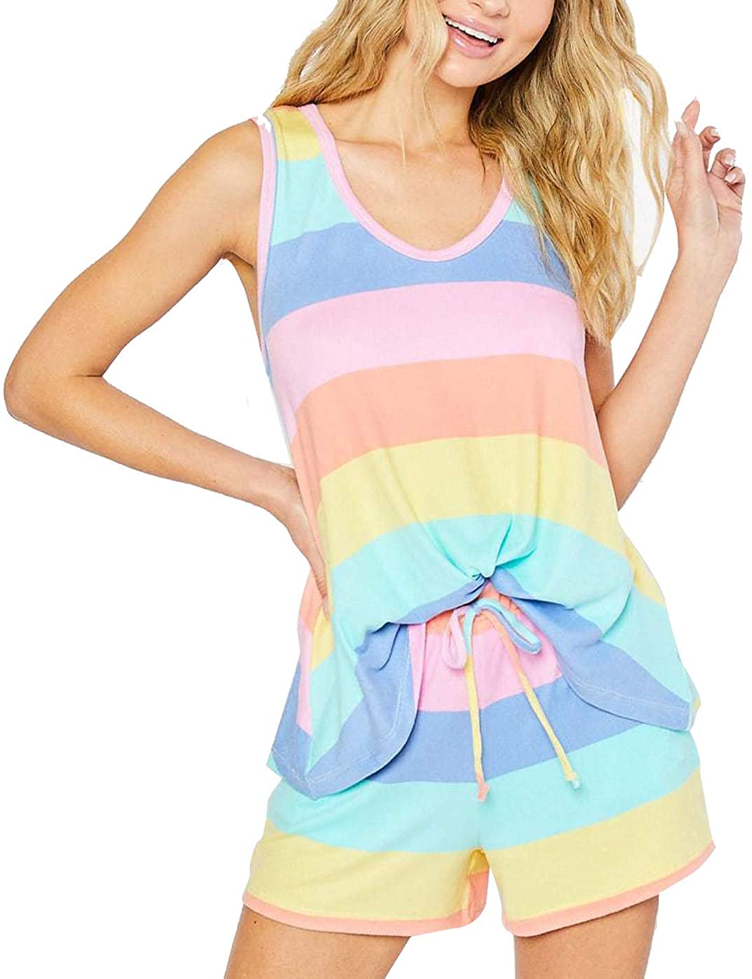 Price:$25.99 Rainbow Plus Size Pajamas for Women, Summer Cute Striped Tank Tops and Shorts PJs Set Loungewear Nightwear Sleepwear (Light Color-Tank, S) at Amazon Women’s Clothing store