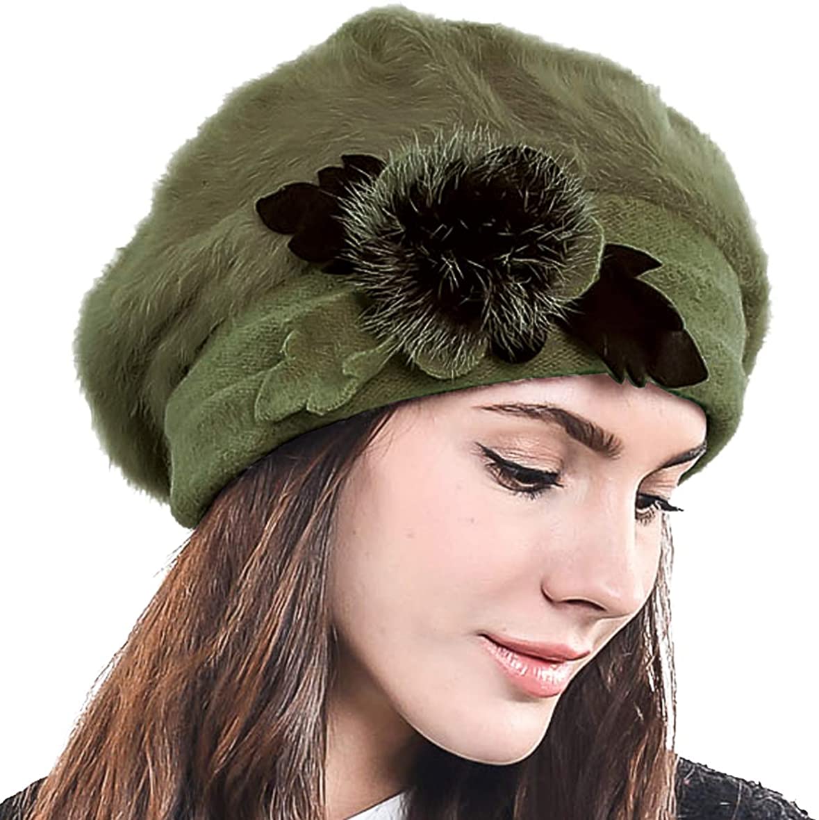 Price:$15.88 F&N STORY Lady French Beret Wool Beret Chic Beanie Winter Hat Jf-br034 (BR022-Green Angora) at Amazon Women’s Clothing store