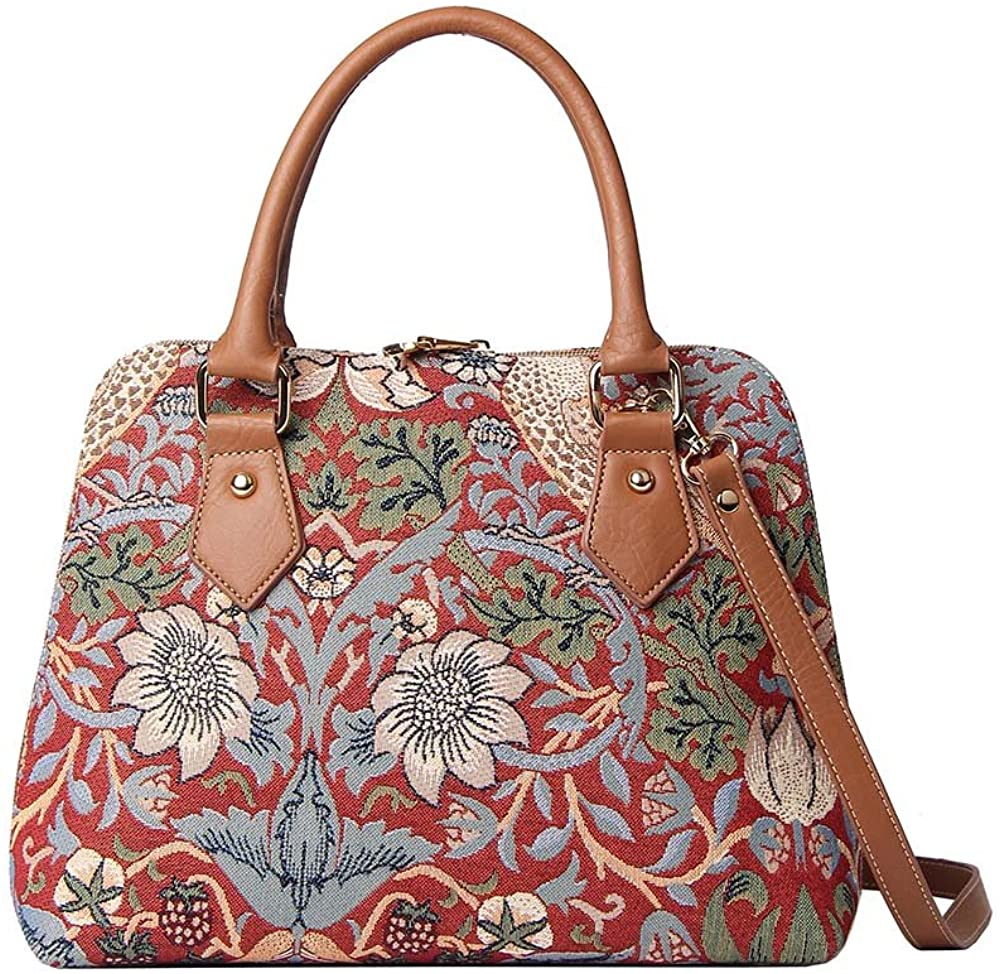 Price:$44.99 Signare Tapestry Handbag Satchel Bag Shoulder bag and Crossbody Bag and Purse for women with William Morris Strawberry Thief Red (CONV -STRD)  Handbags   