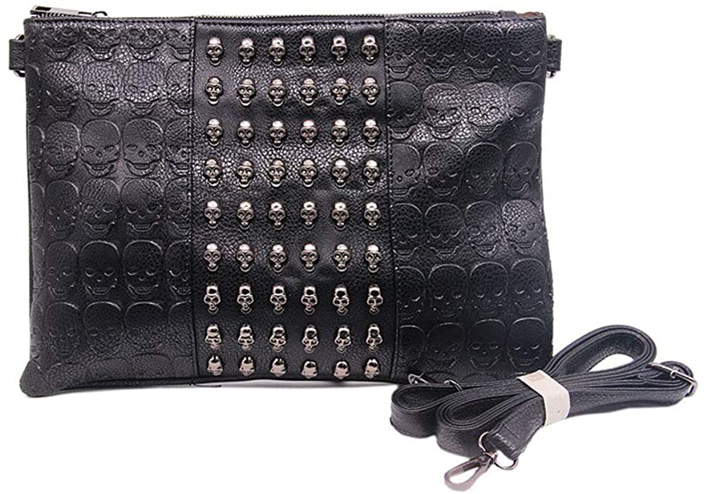 Price:$17.99 Chikencall Womens Punk Skull Print Crossbody Bag PU Leather Gothic Skull Shoulder Bag Purse with Chain (Black)  Handbags   