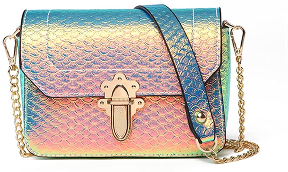 Price:$22.89 Hologram Crossbody Purse Mermaid Scales Shoulder Bag with 2 Chains for Women  Handbags   