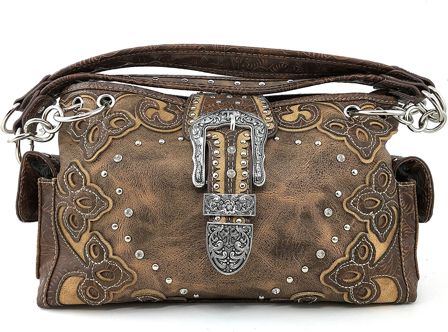 Price:$48.00 Justin West Concealed Carry Western Croc Buckle Duo Color Shoulder Handbag Purse (Brown Handbag)  Handbags   