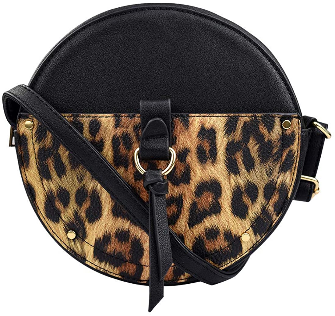 Price:$27.99 Samll Circle Crossbody Bag for Women Black Leather Round Purses Mini Shoulder Bags Leopard Snakeskin Print  Handbags   