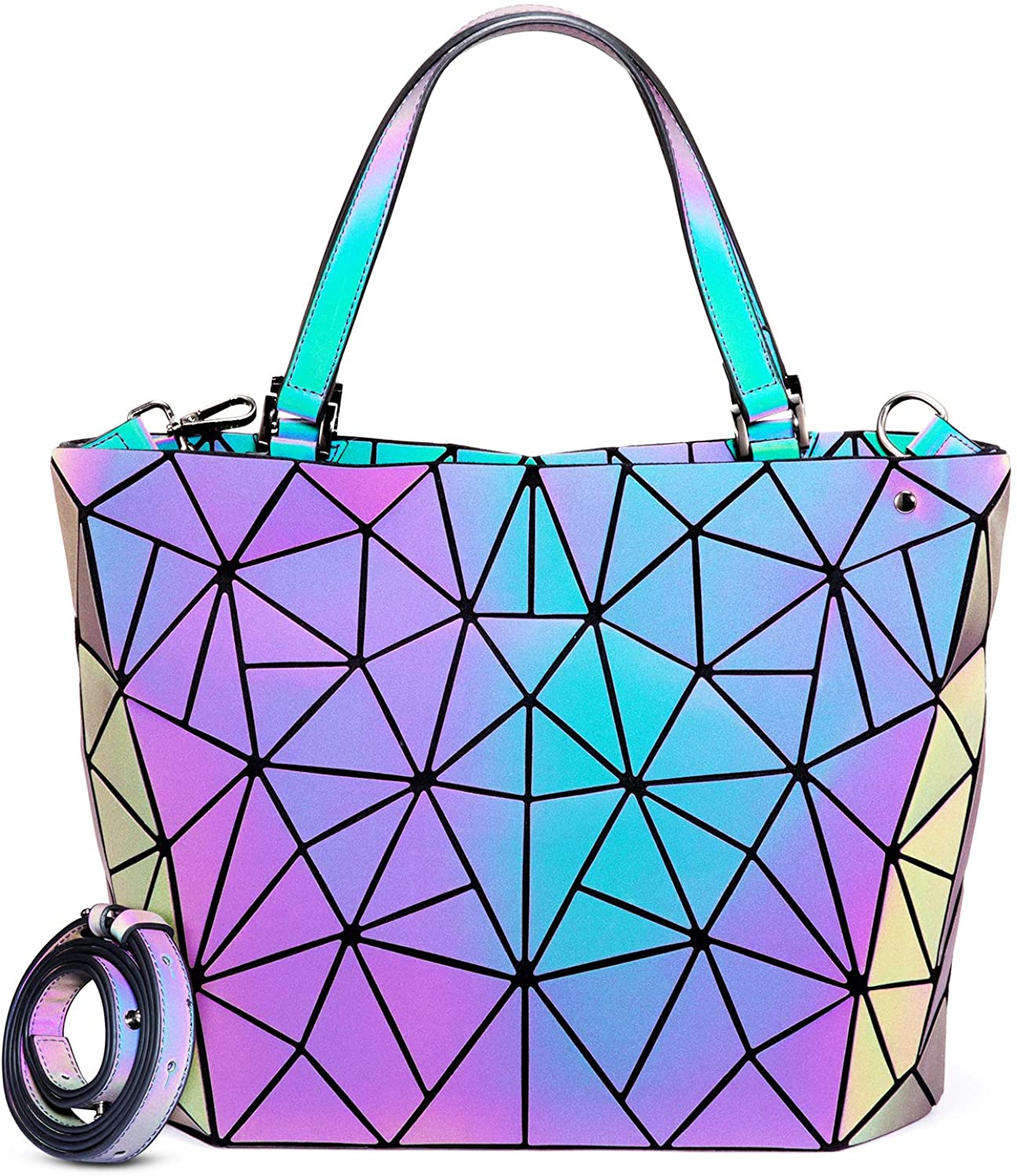 Price:$26.89    Geometric Luminous Handbags for Women Reflective Purse Tote Shoulder Bags Holographic Crossbody Bag  Clothing