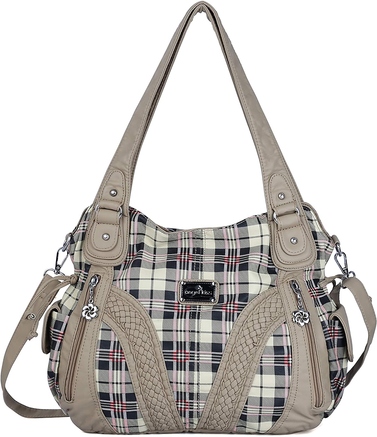 Price:$34.00 Angelkiss Women Top Handle Satchel Handbags Shoulder Bag Messenger Tote Washed Leather Purses Bag … (Beige lattice)  Handbags   