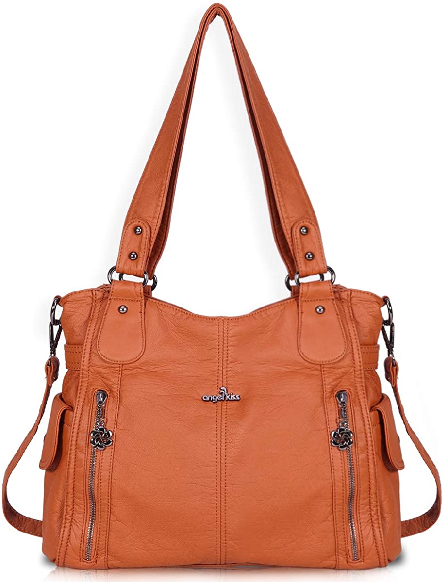 Price:$39.99    Women Handbags Shoulder Bags Washed Leather Satchel Tote Bag Mutipocket Purse (1193-2 Brown)  Clothing