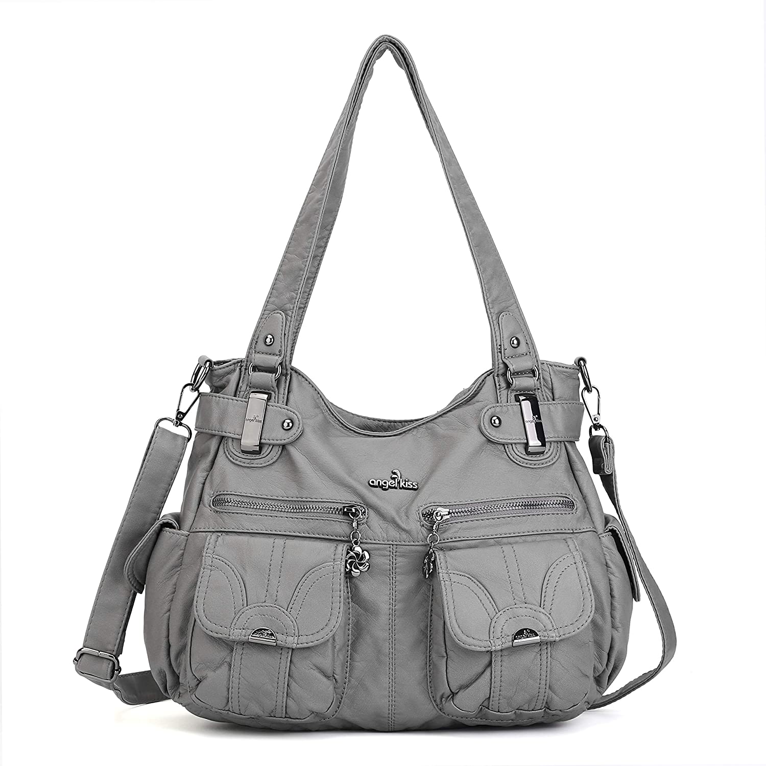 Price:$33.99    Angelkiss Women's Designer Handbag Large Double Zipper Multi Pocket Washed, Grey  Clothing