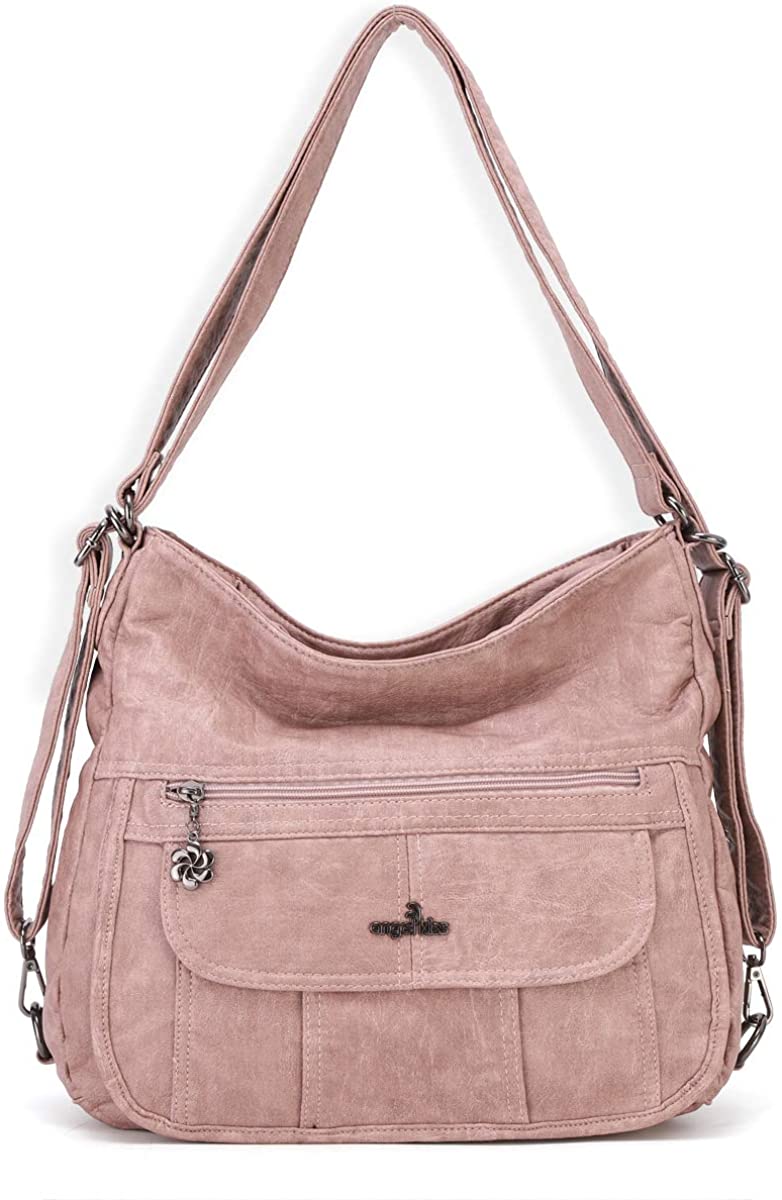 Price:$39.99    Women Handbags Shoulder Bags Washed Leather Satchel Tote Bag Mutipocket Purse (A-0105 Pink)  Clothing