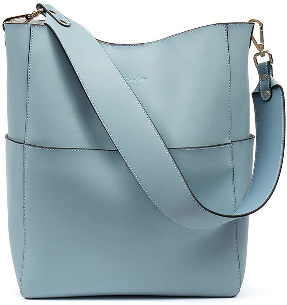 Price:$69.99    BOSTANTEN Women's Leather Designer Handbags Tote Purses Shoulder Bucket Bags Light Blue  Clothing
