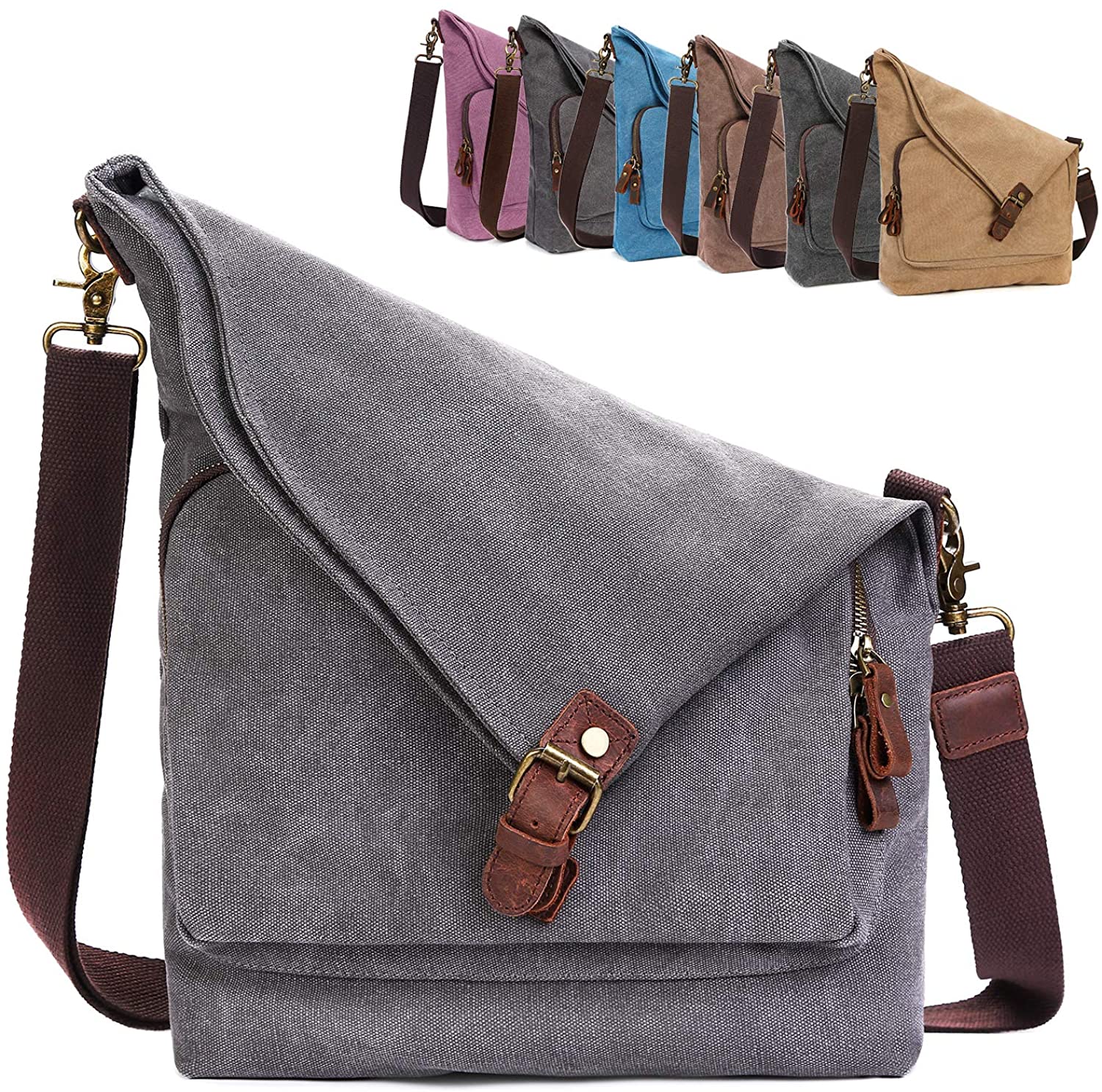Price:$34.99    AmHoo Canvas Crossbody Bag for Women Genuine Leather Messenger Purse Handbags Shoulder Bag Hobo Totes Gray  Clothing