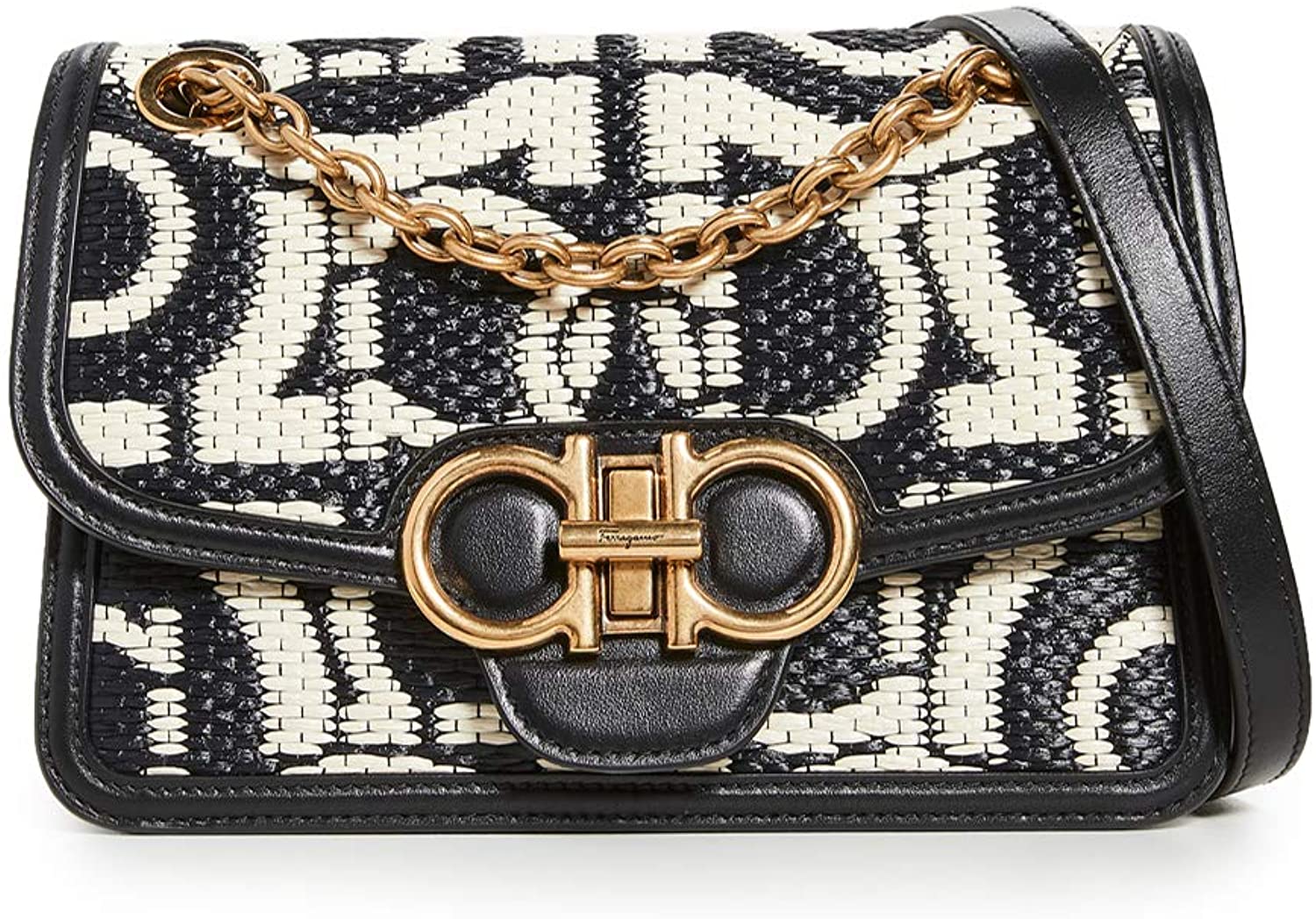 Price:$1990.00    Salvatore Ferragamo Women's Gancio Quilting Gancini Rafia Shoulder Bag, Nero/Natural, Black, Print, One Size  Clothing