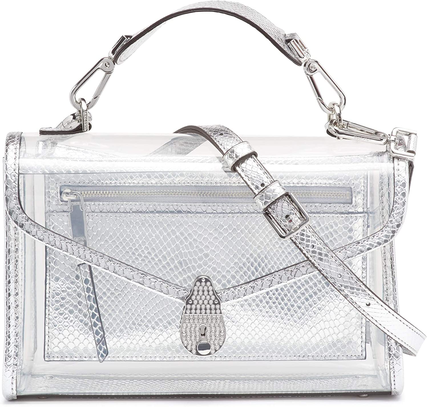 Price:$253.95 Calvin Klein Statement Series Lock Daytonna Leather Flap Convertible Shoulder Bag & Crossbody, Silver  Handbags   
