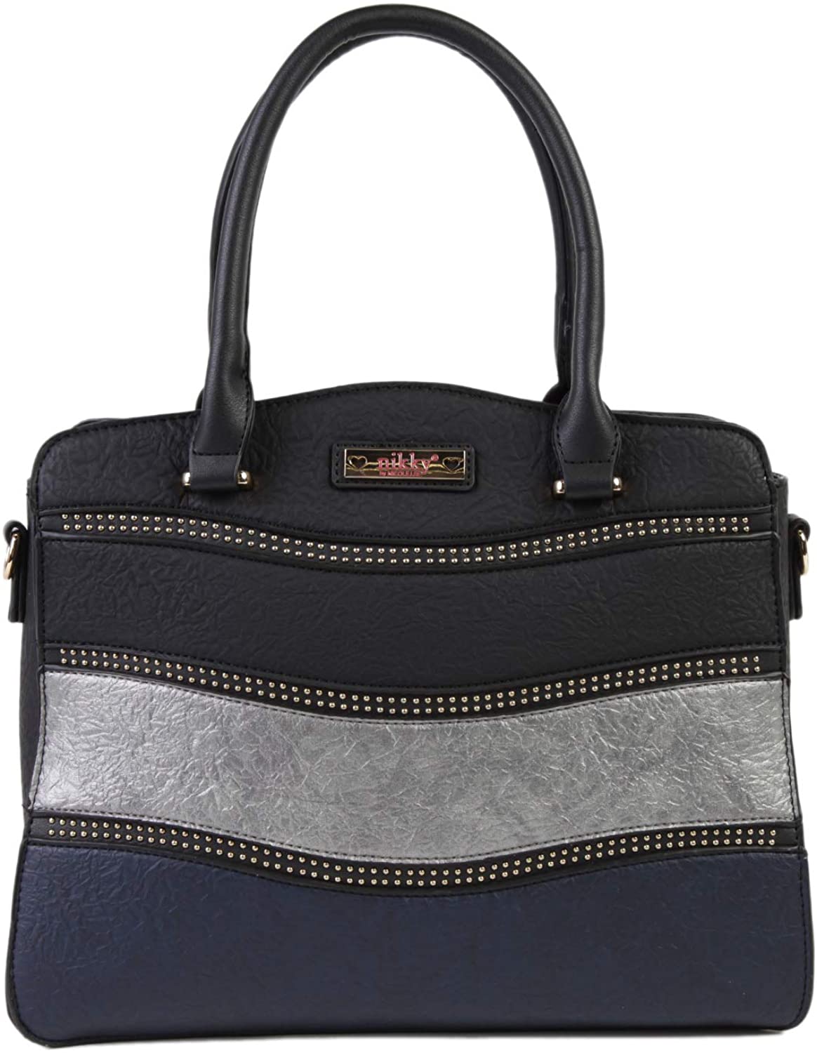 Price:$26.99    Nikky Women's Striped Eco Leather Black Satchel Bag, Zip Closure, Shoulder Strap, One Size  Clothing