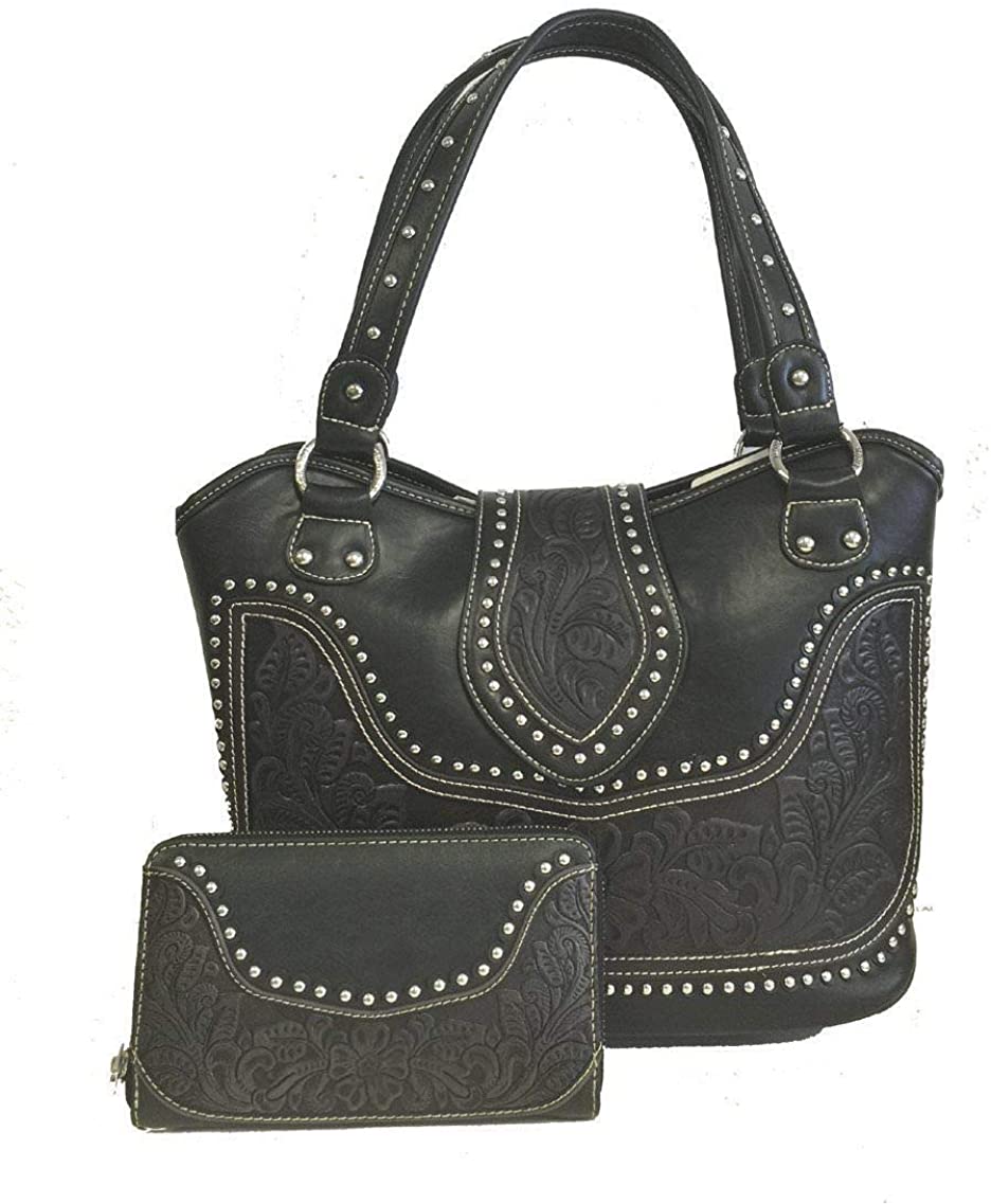 Price:$74.99 Concealed Carry Tooled Leather Shoulder Purse - Concealed Weapon Gun Bag w/ Matching Wallet By Montana West (Black)  Handbags   