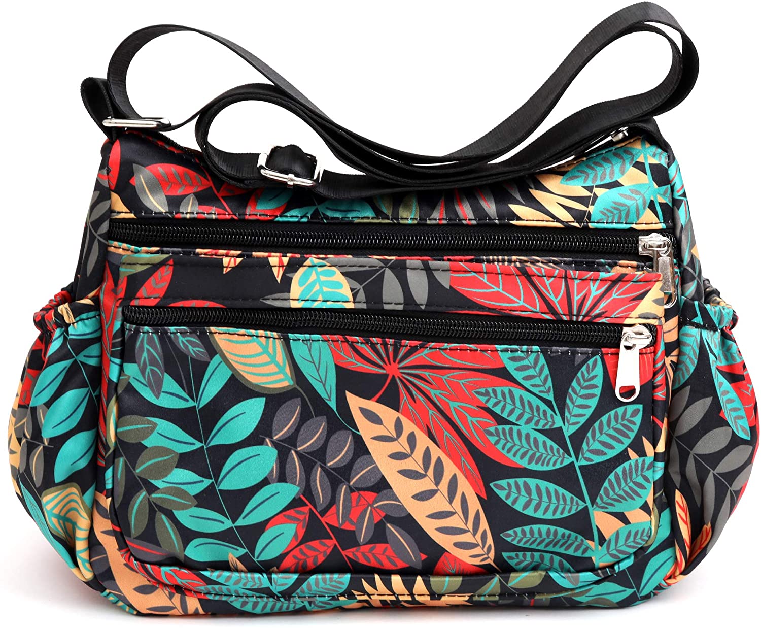 Price:$14.99 Womens Nylon Floral Shoulder Bag Crossbody Bag Messenger Bags Travel Handbags With Adjustable Strap Waterproof (B leaves)  Handbags   